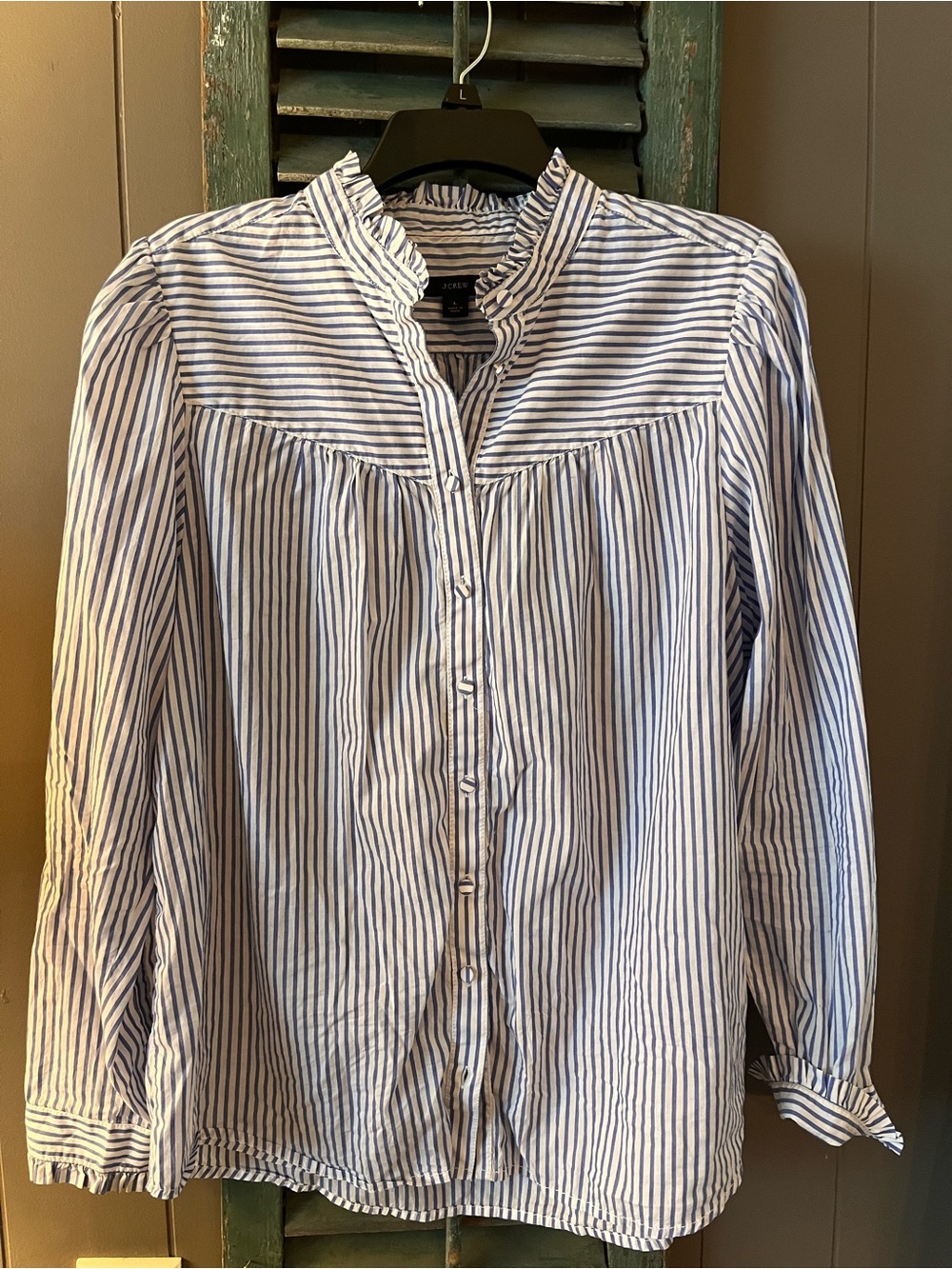 J. Crew Blue and White Striped Ruffled Collar Blouse